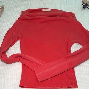 Off-Shoulder Ribbed Long Sleeve Top - Red